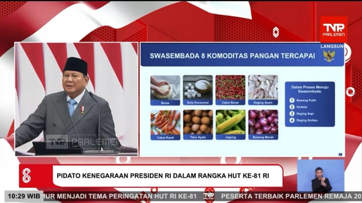 Prabowo Klaim Indonesia Swasembada 8 Komoditas Pangan