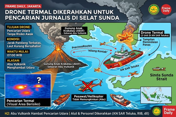 Drone Termal Dikerahkan Cari Jurnalis Hilang di Selat Sunda